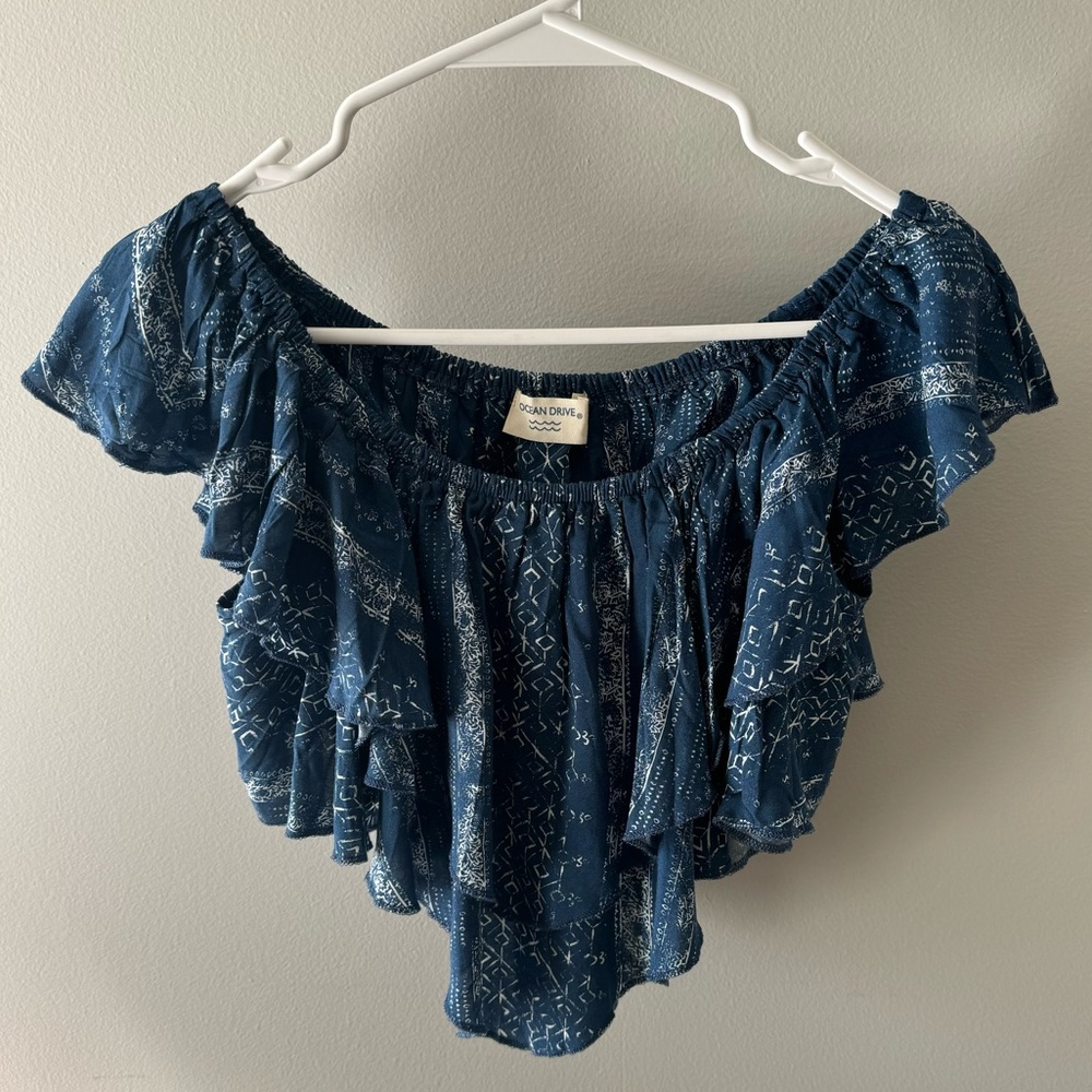 Ocean Drive off the shoulder blue ruffle crop top